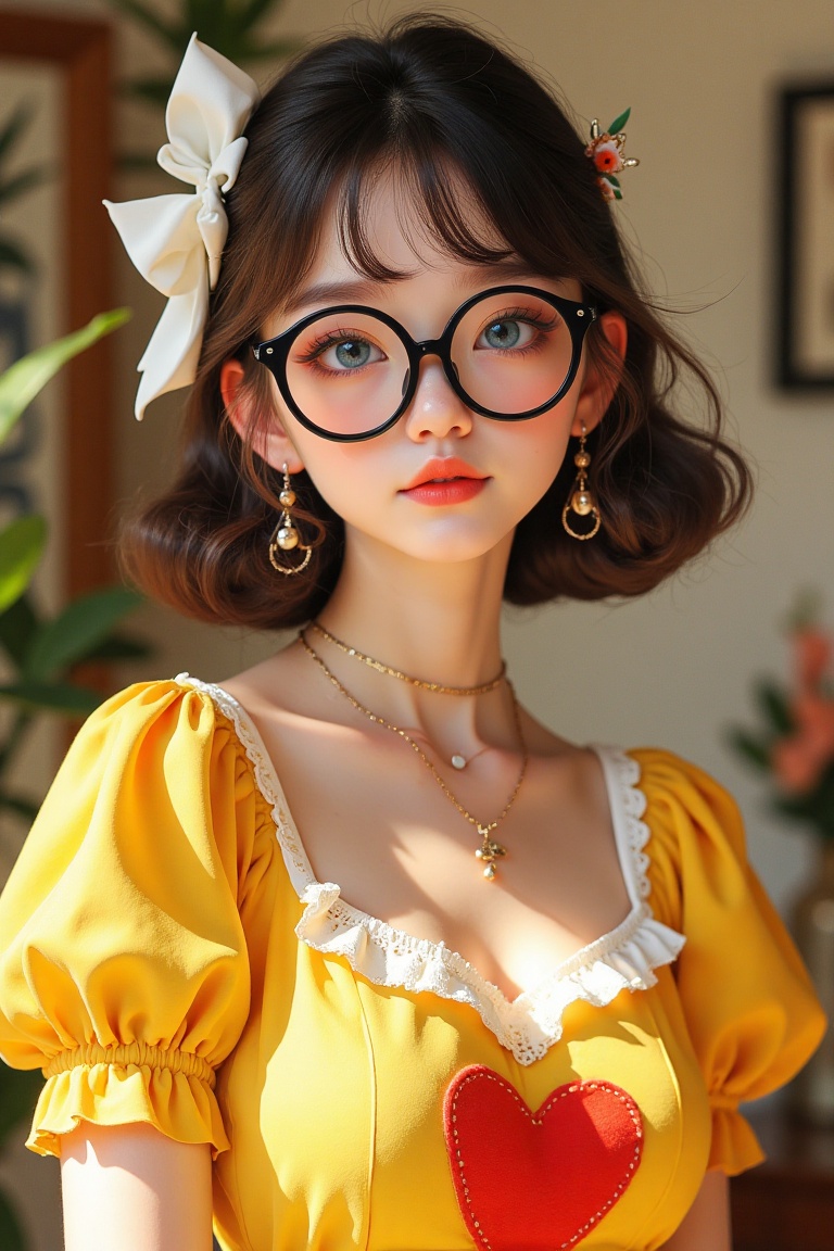 A woman in a yellow dress with a red heart on her chest,  wearing black-rimmed glasses,  stands in a softly lit room. Her...