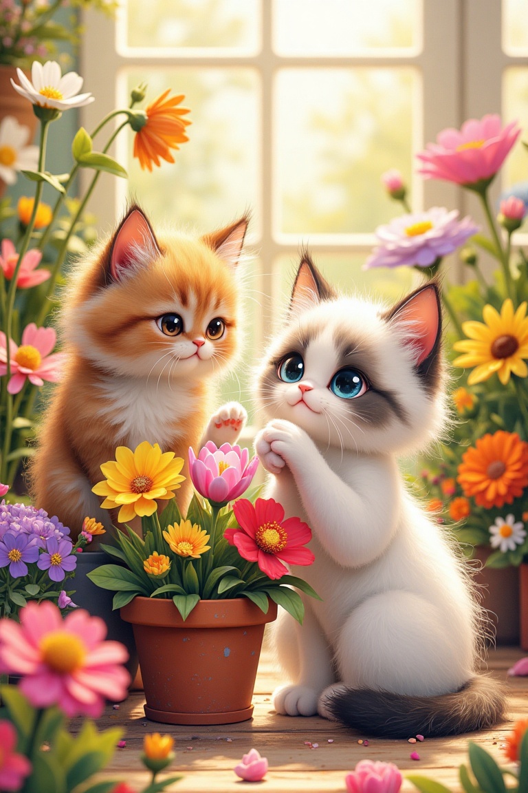 A scene featuring fluffy cats nestled among a vibrant array of flowers. The cats,  with their soft,  蓬松的毛发and wide on Tens...