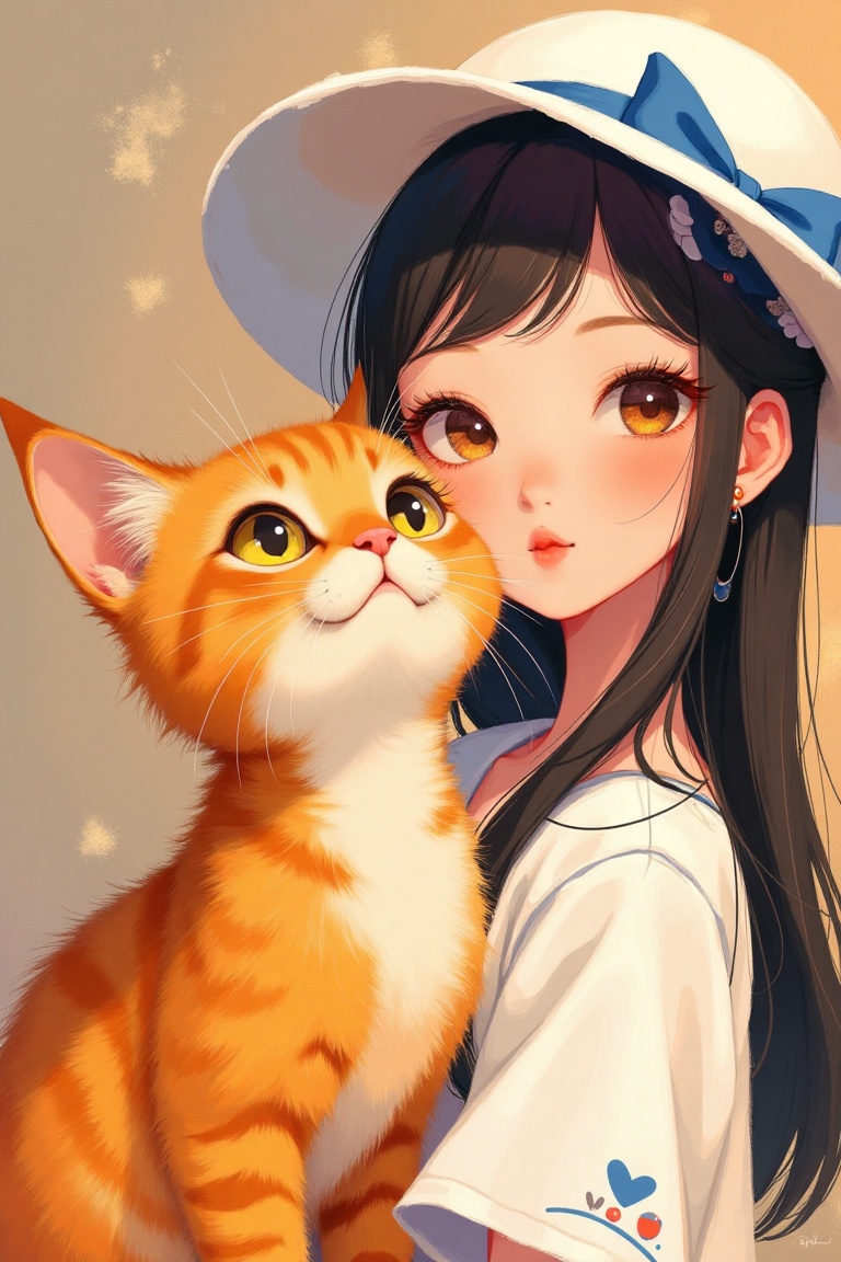 A vibrant orange cat with wide-open yellow eyes and perked-up ears is the main focal point,  centered in the frame. To the...
