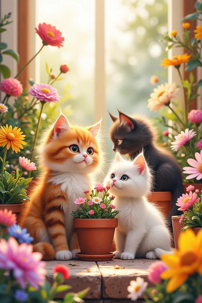 A scene featuring fluffy cats nestled among a vibrant array of flowers. The cats,  with their soft,  蓬松的毛发and wide on Tens...
