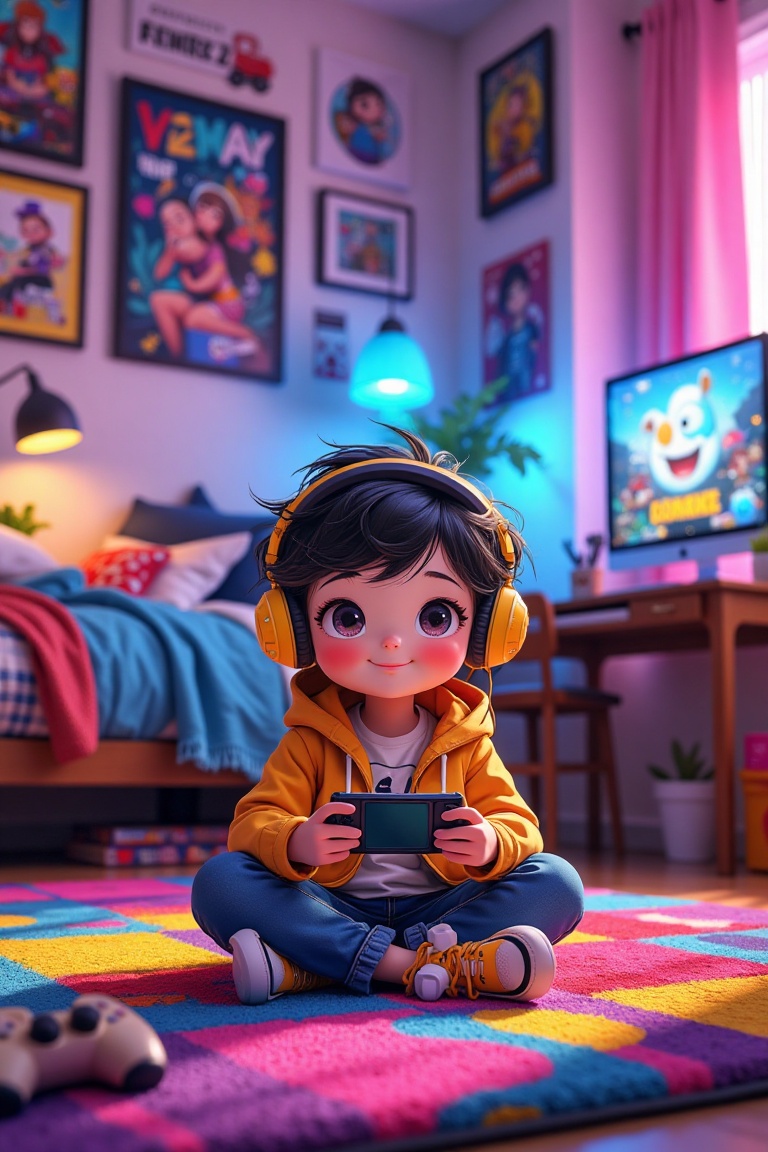 A chibi boy with big,  expressive eyes is sitting on a colorful gaming-style bedroom floor,  wearing bright headphones. Th...
