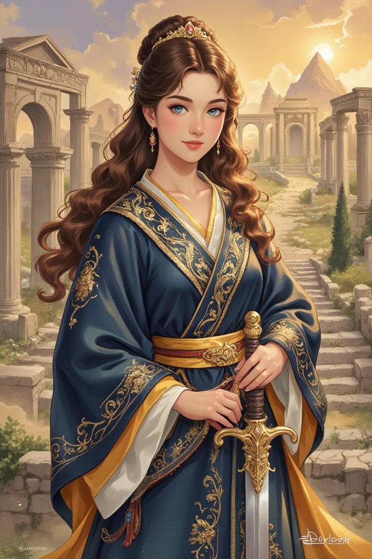 Against a warm golden background,  a stunning female figure emerges,  draped in flowing silk robes with intricate embroide...