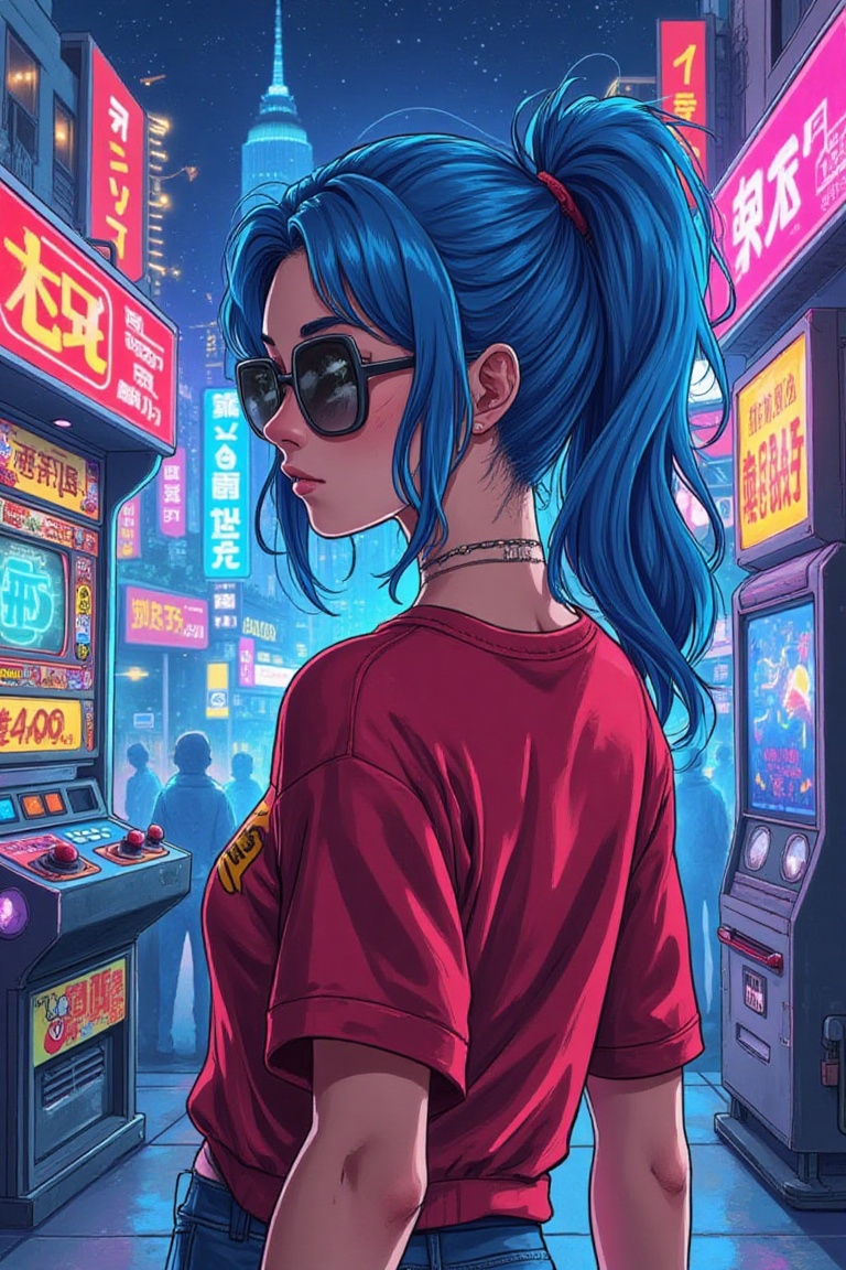 in an arcade video game,  A solo girl with blue hair and sunglasses stands in a cyberpunk night scene. She wears a red top...