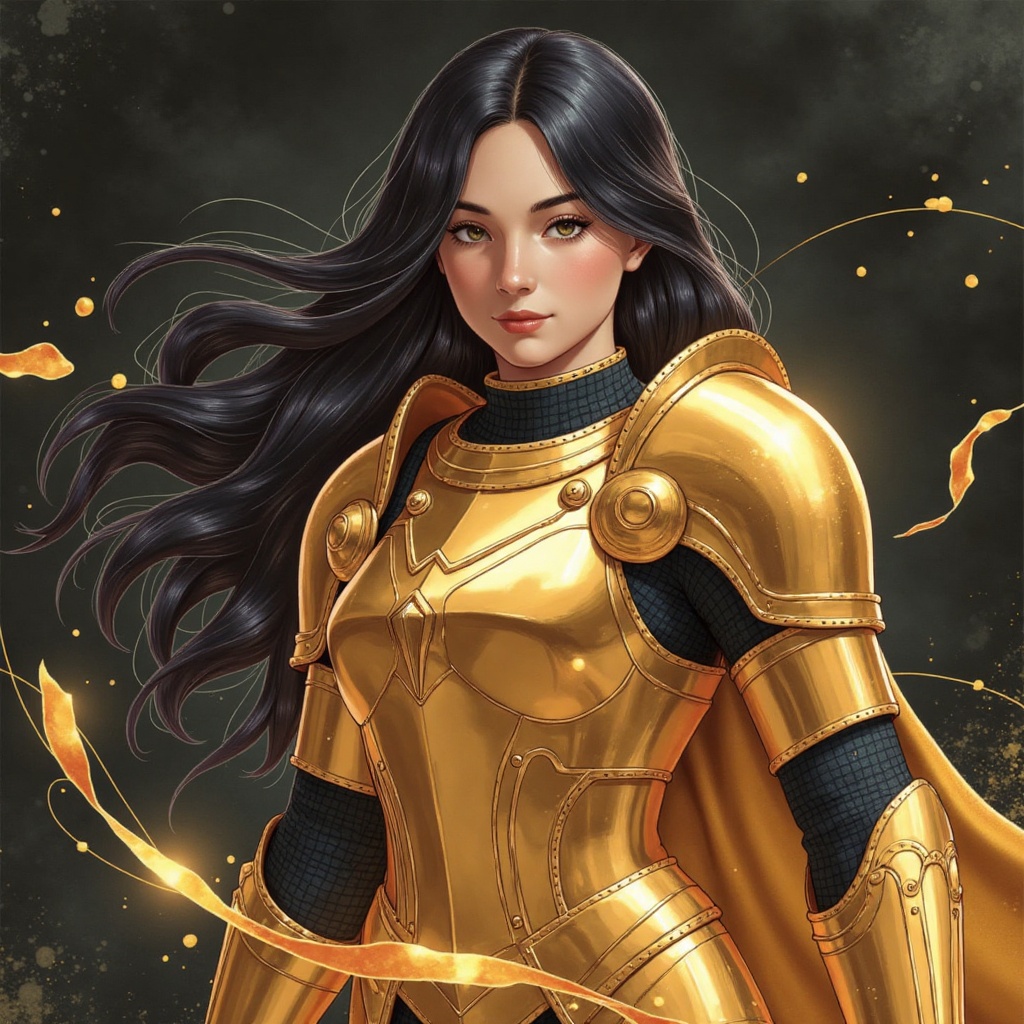 'FLUX Enhanced Illustration PRO' bold titled,  A Custodes girl in gleaming golden armor stands out against a dark backgrou...