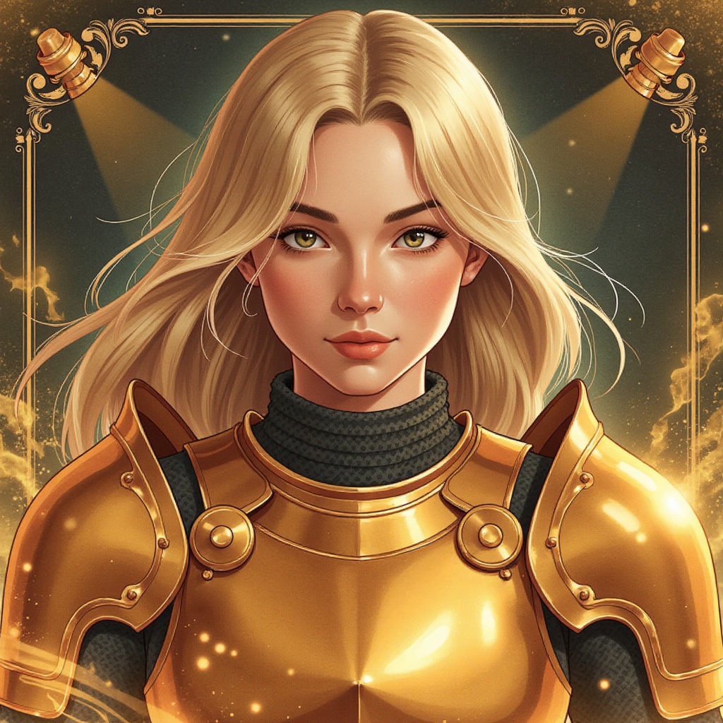 Golden armor glows cinematically under studio lights,  casting warm highlights on intricately detailed curves of the subje...