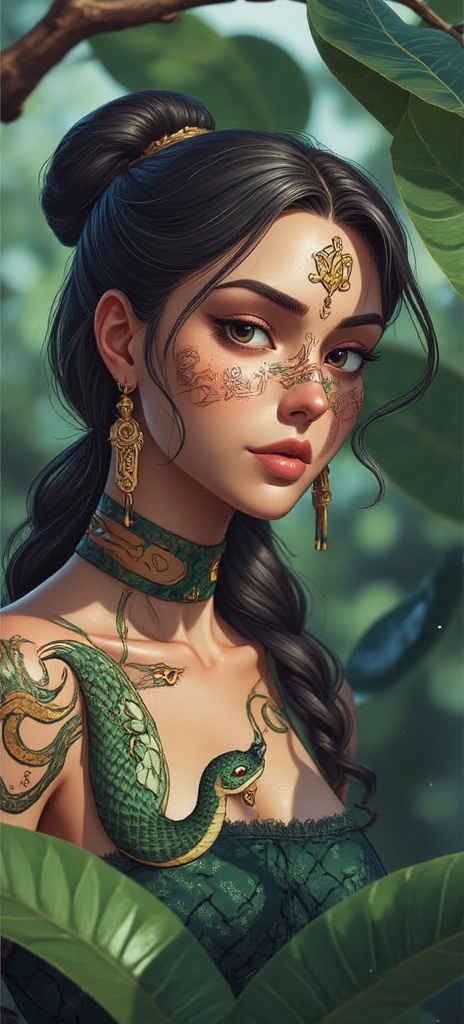 Craft a photorealistic portrait of an enigmatic oracle,  her mystical aura radiating through intricate ancient symbols tat...