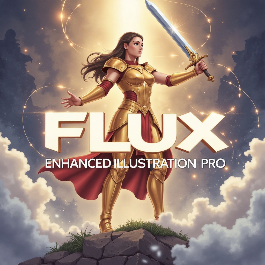 Within a realm of mystical fog,  a fearless female warrior clad in radiant golden armor stands victorious,  her gleaming s...