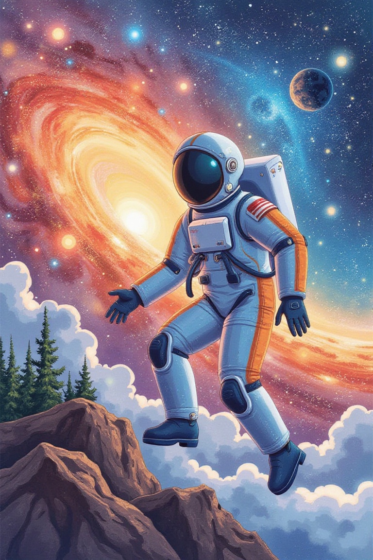 A futuristic male android astronaut,  journey to the edge of universe,  the big bang of universe at the background on Tens...