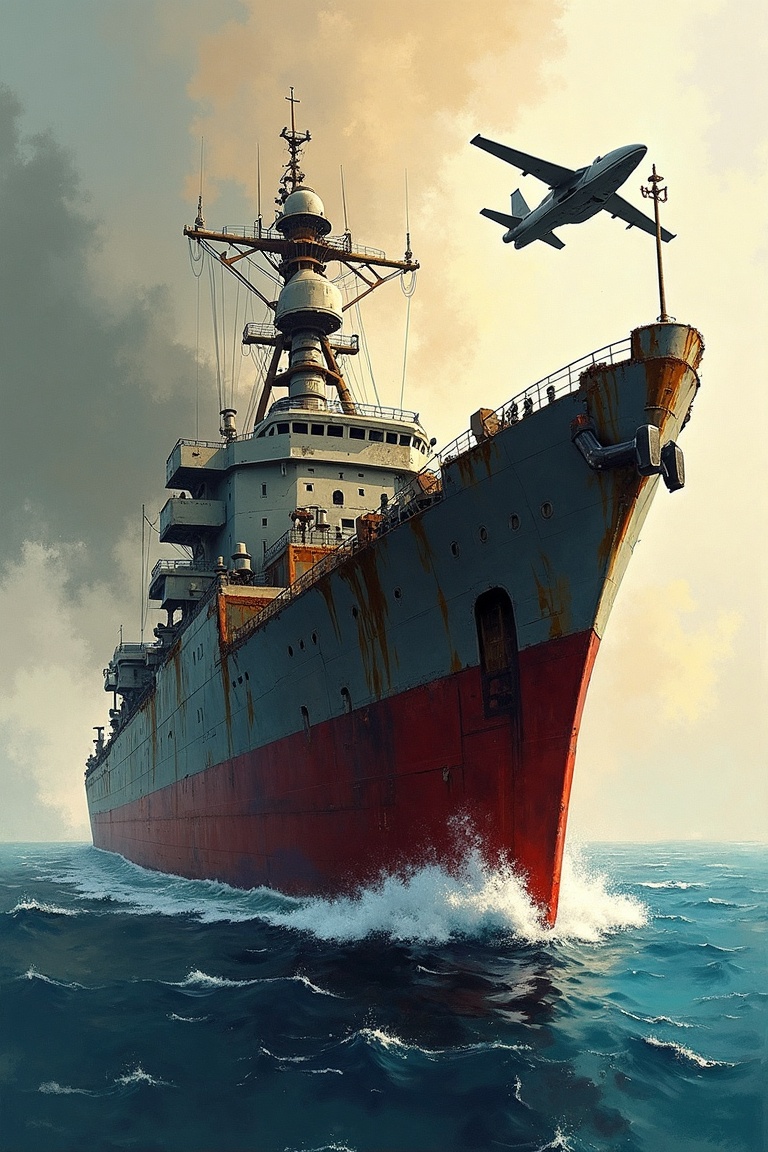 "An imaginative and impressionist depiction of a ripped,  tattered,  and battle-worn appearance of a large ship on Tensor.Art