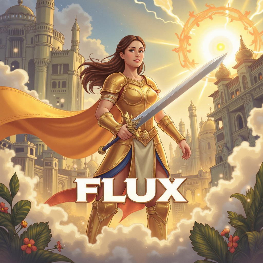 Within a realm of mystical fog,  a fearless female warrior clad in radiant golden armor stands victorious,  her gleaming s...