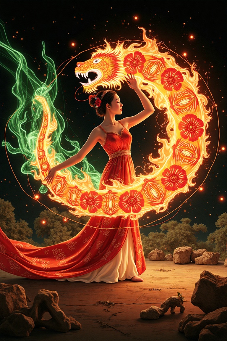 The surreal black canvas is dotted with ethereal shadows of fire,  with a aodai-clad of a dancing vietgirl holding a large...