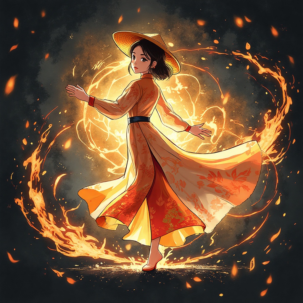 A Vietnamese girl,  wrapped in a flowing ao dai,  twirls while wearing a non la hat amidst a dark canvas illuminated by et...
