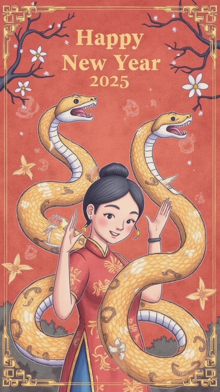 A Vietnamese New Year poster celebrating the Year of the Snake,  inspired by Japanese ukiyo-e and watercolor art styles. T...