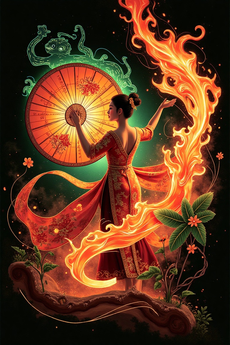 The surreal black canvas is dotted with ethereal shadows of fire,  with a aodai-clad of a dancing vietgirl holding a large...