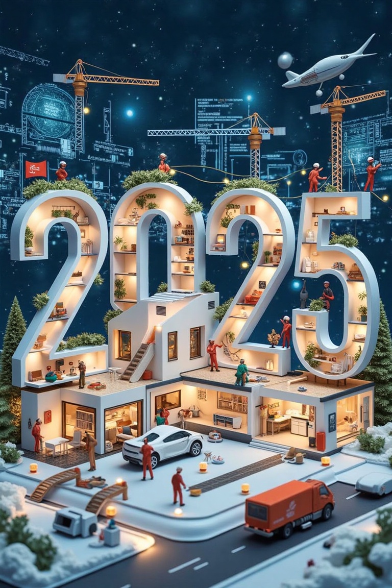 Create a futuristic blueprint design for the year '2025' where each digit is architecturally structured as part of a house...