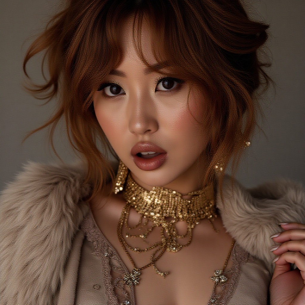 hot sexy female model,  wearing ornate body jewelery suit. soft silky cat fur,  glamour shot on Tensor.Art