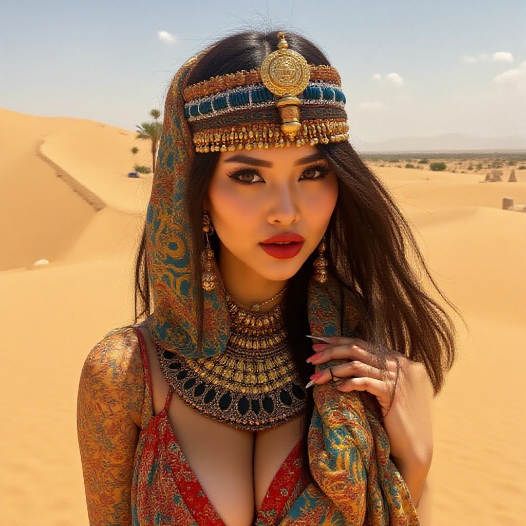 Gazing gratefully at me,  her intense red lips and Cleopatra mascara eyes emanate a Gothic allure. In the heart of the Sah...