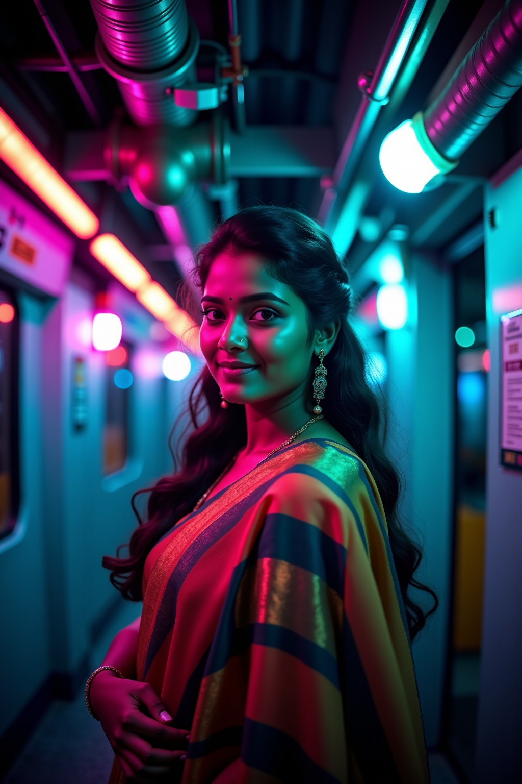 A beautiful mallu women,  teal and orange colour lighting in background,  futuristic subway on Tensor.Art