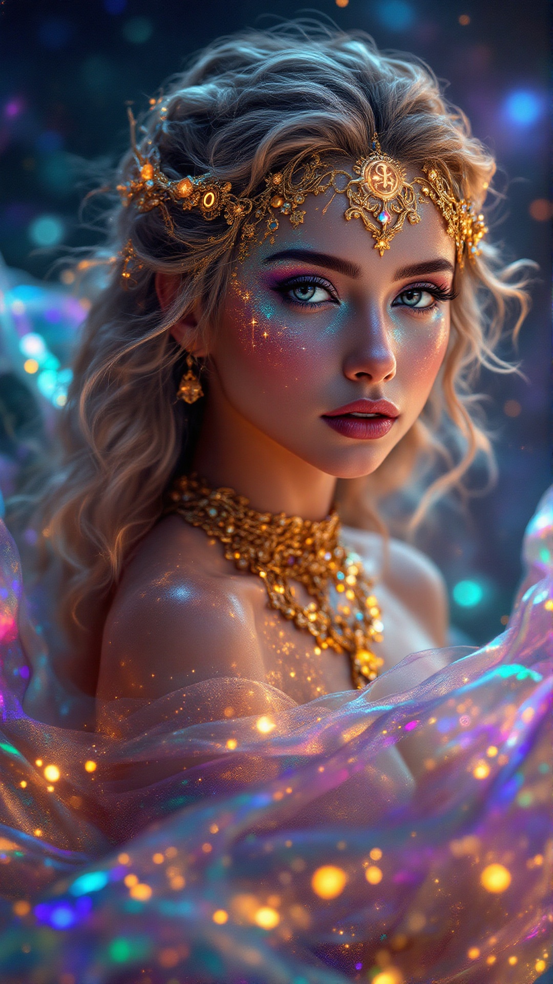 Gorgeous Galactic,  A hyper-realistic portrait of a galactic female with glowing skin that shimmers with the colors of the...