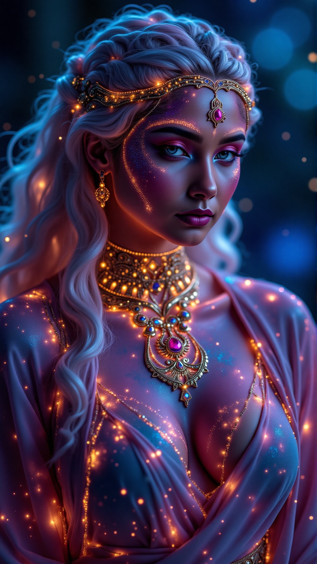 Gorgeous Galactic,  A hyper-realistic portrait of a galactic female with glowing skin that shimmers with the colors of the...
