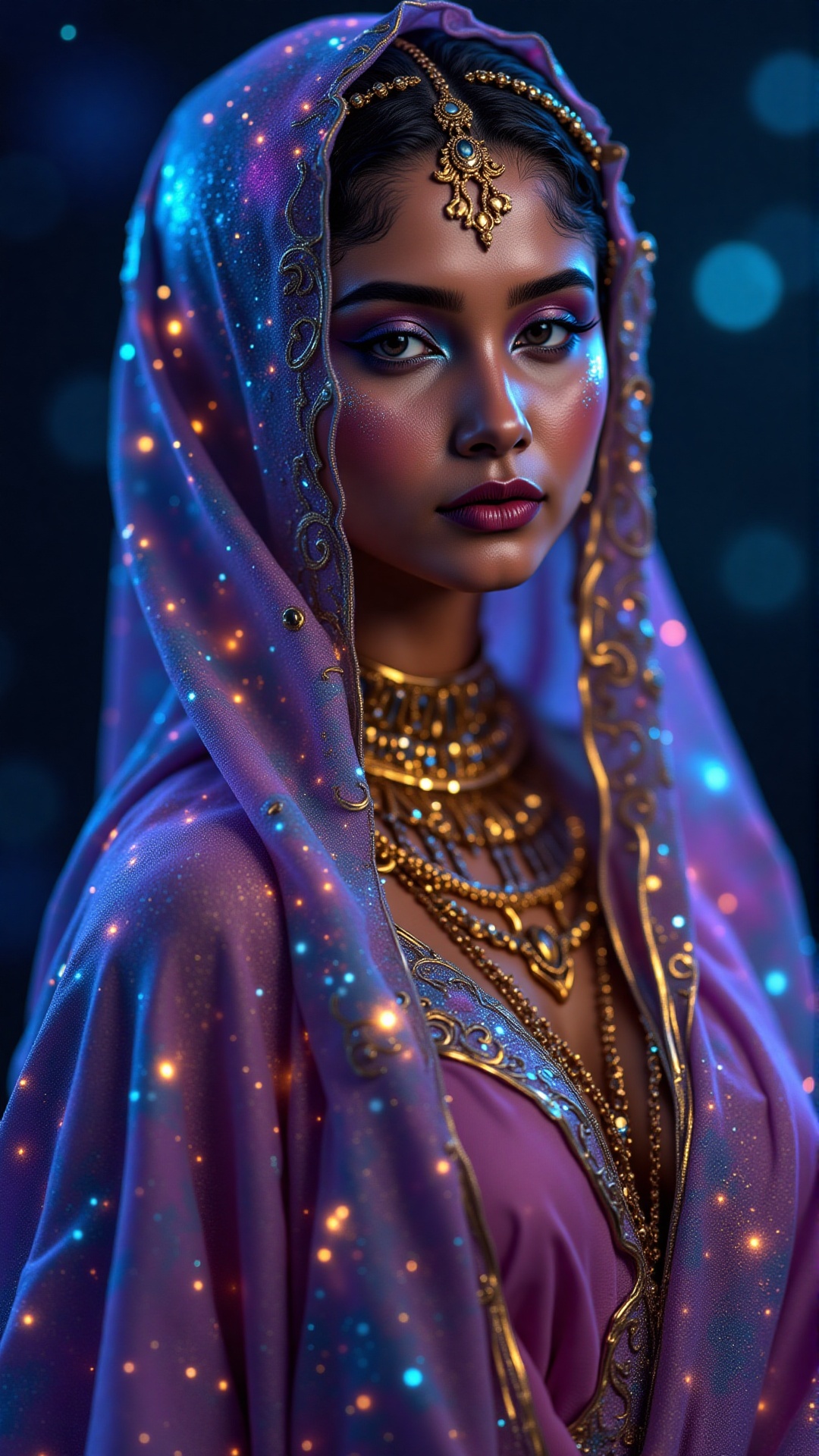Gorgeous Galactic,  A hyper-realistic portrait of a galactic female with glowing skin that shimmers with the colors of the...