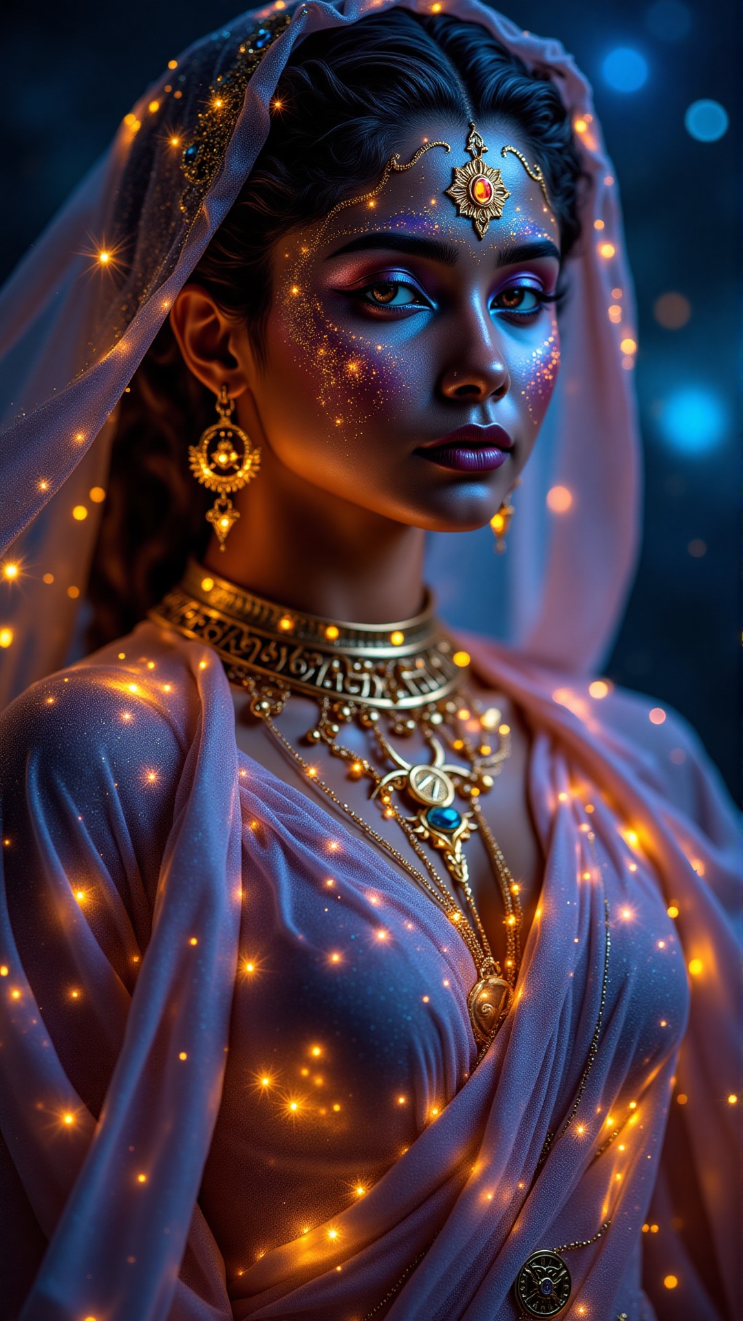 Gorgeous Galactic,  A hyper-realistic portrait of a galactic female with glowing skin that shimmers with the colors of the...
