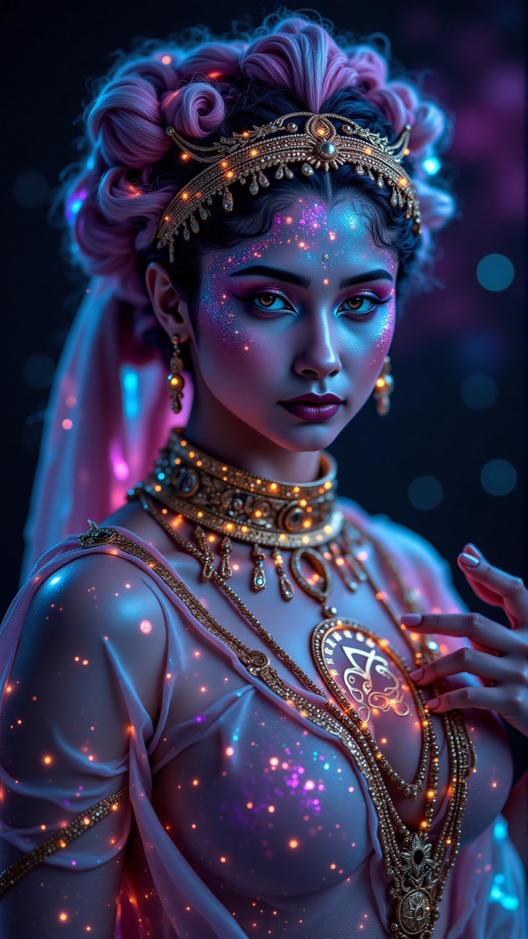 Gorgeous Galactic,  A hyper-realistic portrait of a galactic female with glowing skin that shimmers with the colors of the...
