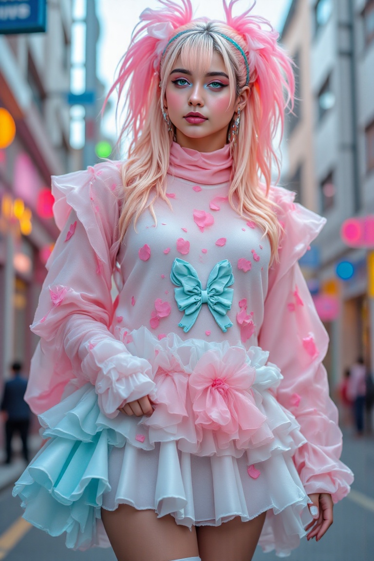 photography showcasing one women in light Fairy Kei fashion. platinum blond hair with pink tips. They are dressed in a pas...