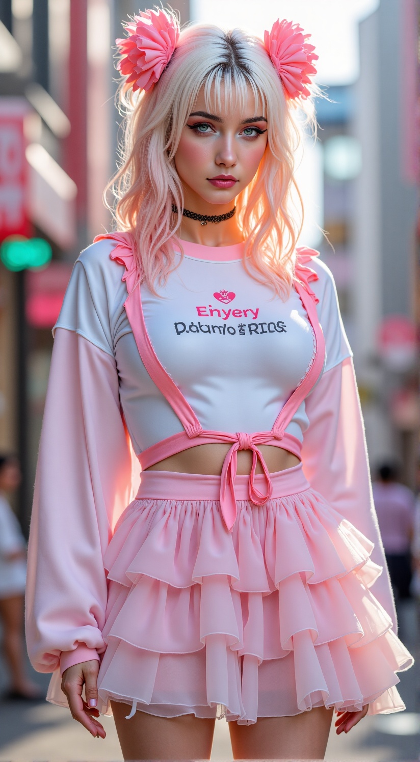 photography showcasing one women in light Fairy Kei fashion. platinum blond hair with pink tips. They are dressed in a pas...