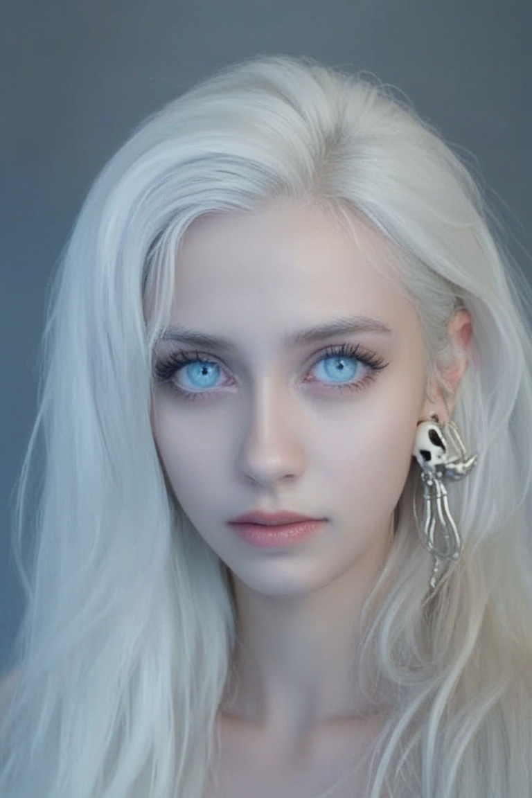 shows an Indonesian girl with long white hair,  beautiful face with simple make-up,  light blue eyeballs on Tensor.Art