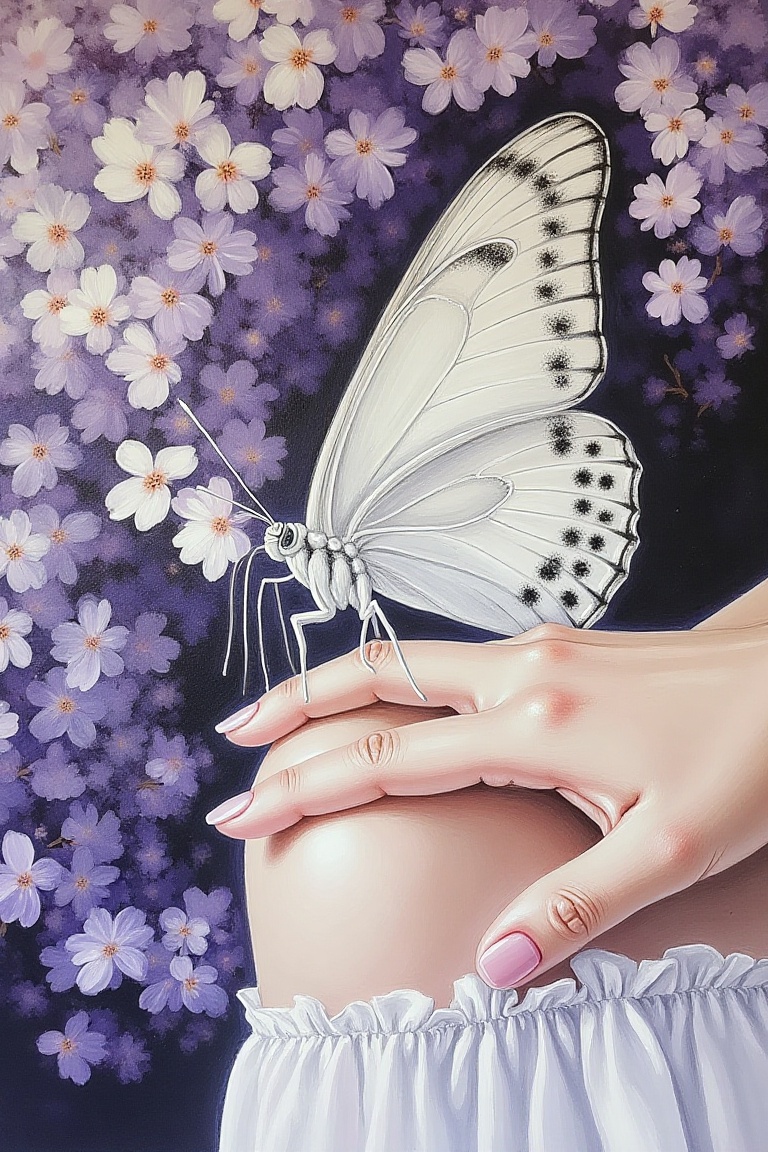 An ethereal painting,  eye-level view of a white butterfly with black dots on its wings. The butterfly is perched on a per...