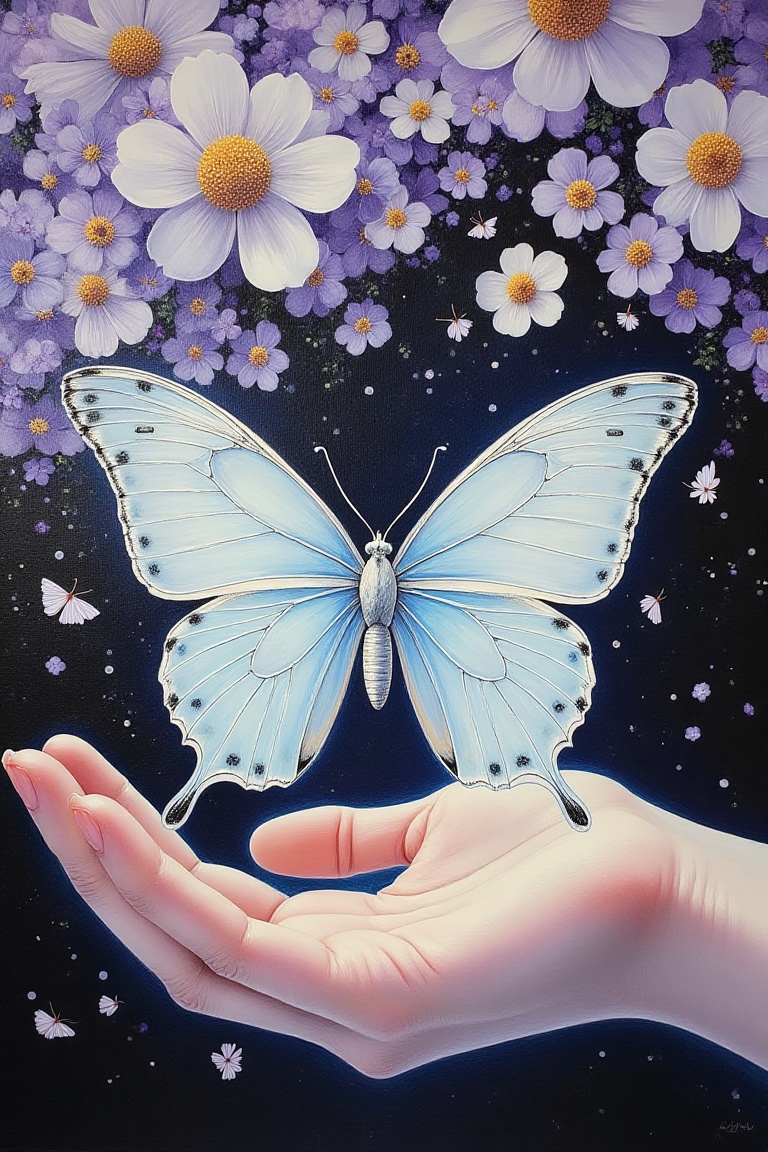 An ethereal painting,  eye-level view of a white butterfly with black dots on its wings. The butterfly is perched on a per...