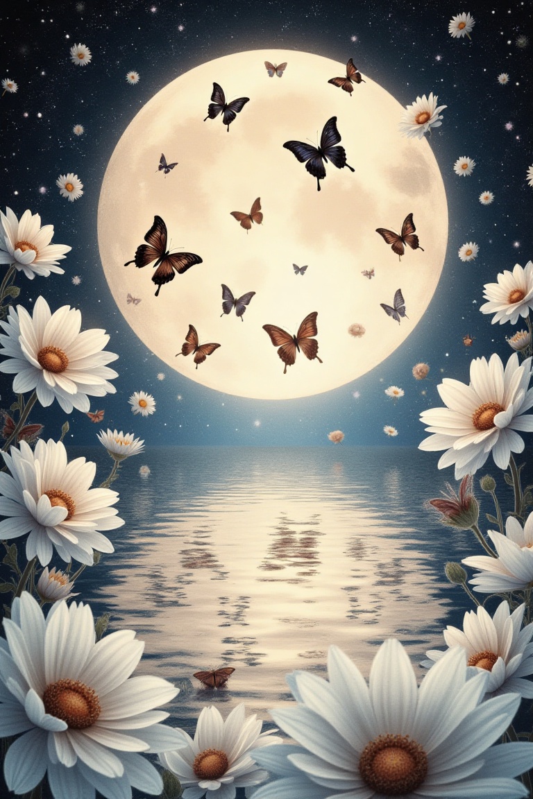 An ethereal serene spring fantasy illustration An eye-level view of a full moon surrounded by giant white flowers. The moo...