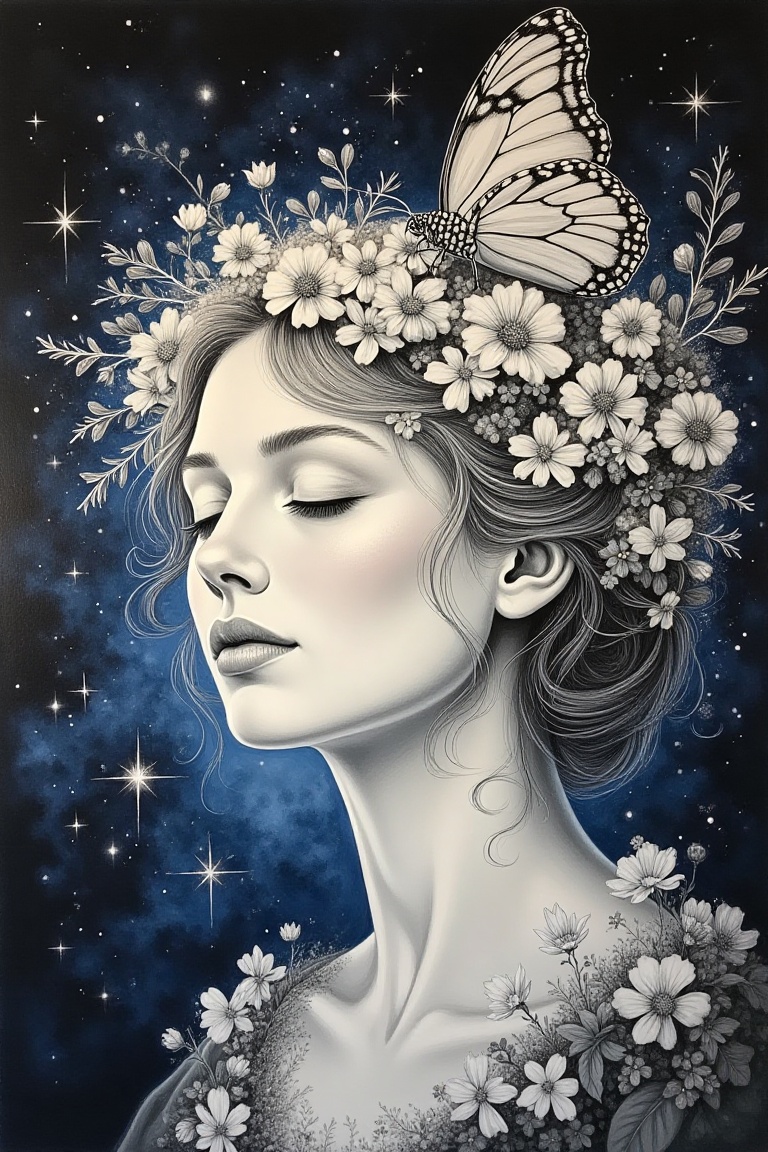 A black and white monochromatic painting of an ethereal woman's face,  adorned with a wreath of flowers and a butterfly on...