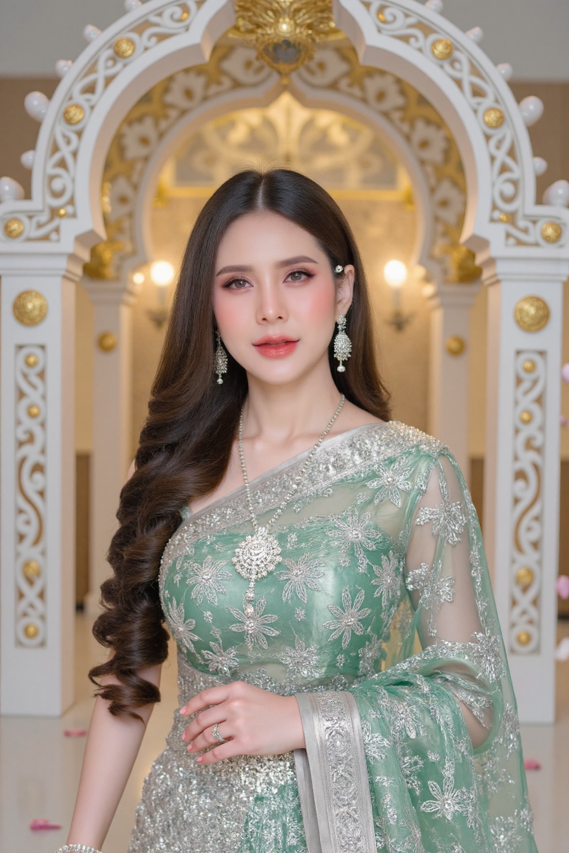 [Subject]: A beautiful Thai woman with long,  flowing hair,  wearing the traditional Thai dress shown in the reference ima...