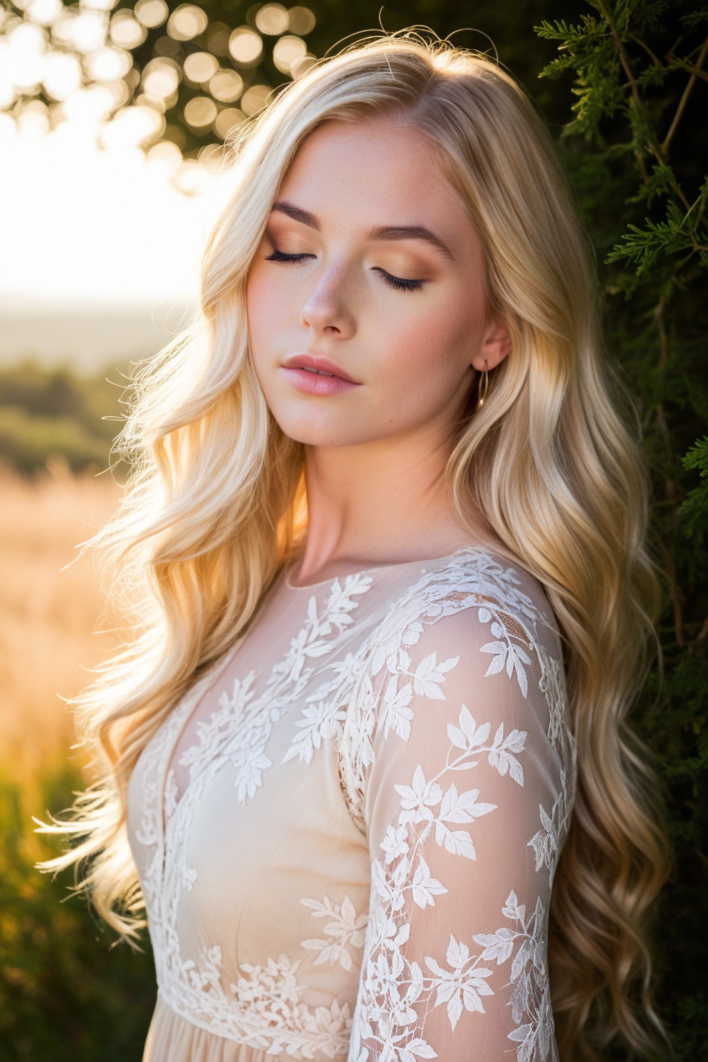 In the serene embrace of nature,  a young woman stands with her eyes gently closed,  exuding a sense of peace and contentm...