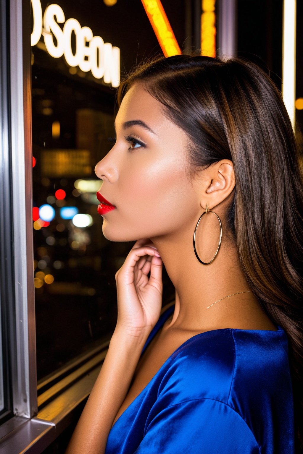Under the luminescent glow of neon signs,  a young woman pauses by a window in the bustling city night. Her contemplative...