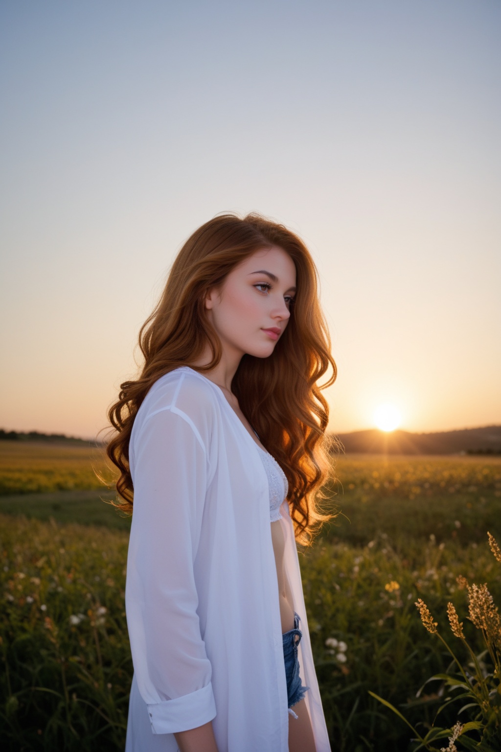 Create a portrait of a young woman standing in a field at sunset. She has long,  flowing hair that catches the golden ligh...