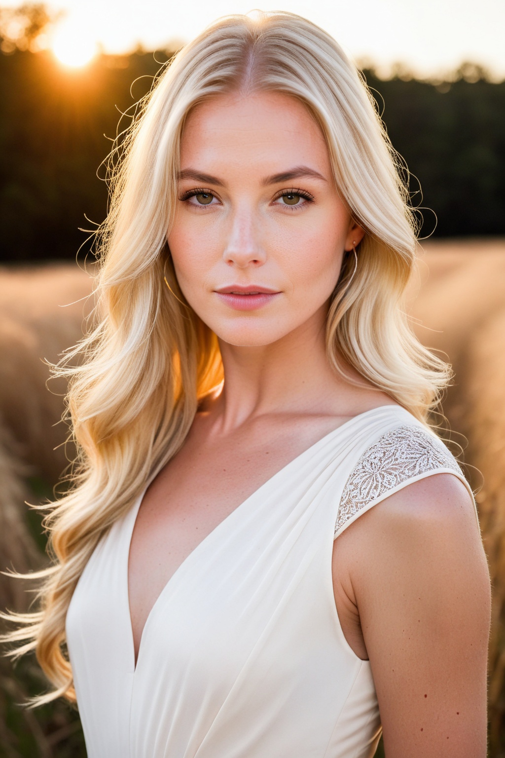 In the soft glow of the late afternoon sun,  a woman with flowing blonde hair calmly looks into the camera,  her face part...