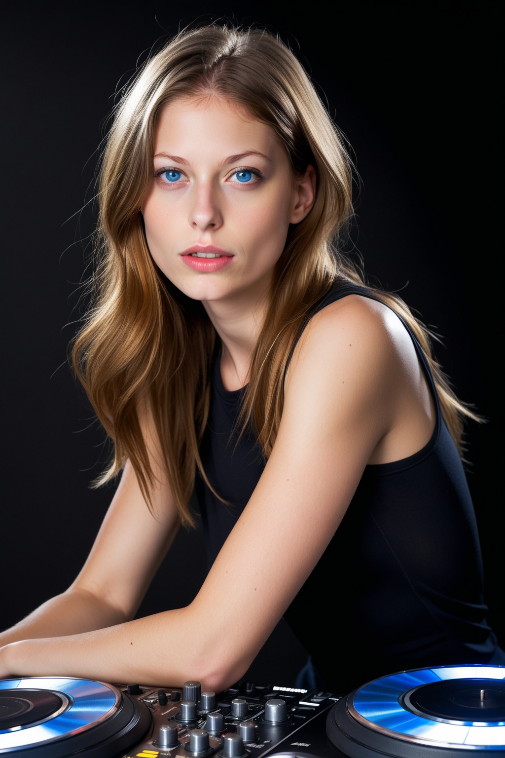 A woman who works as a DJ ( make a woman look like DJ Charlotte de Witte) of striking presence,  with smooth light brown h...