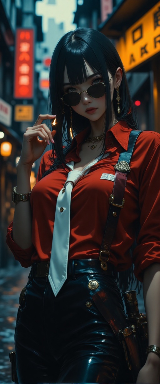 In a dimly lit alleyway,  a yakuza girl with long,  black hair and a crimson braid stands solo on Tensor.Art