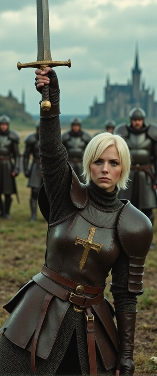 A female knight of a holy order fights for her life as she is knocked the ground,  raising her worn iron long sword above...