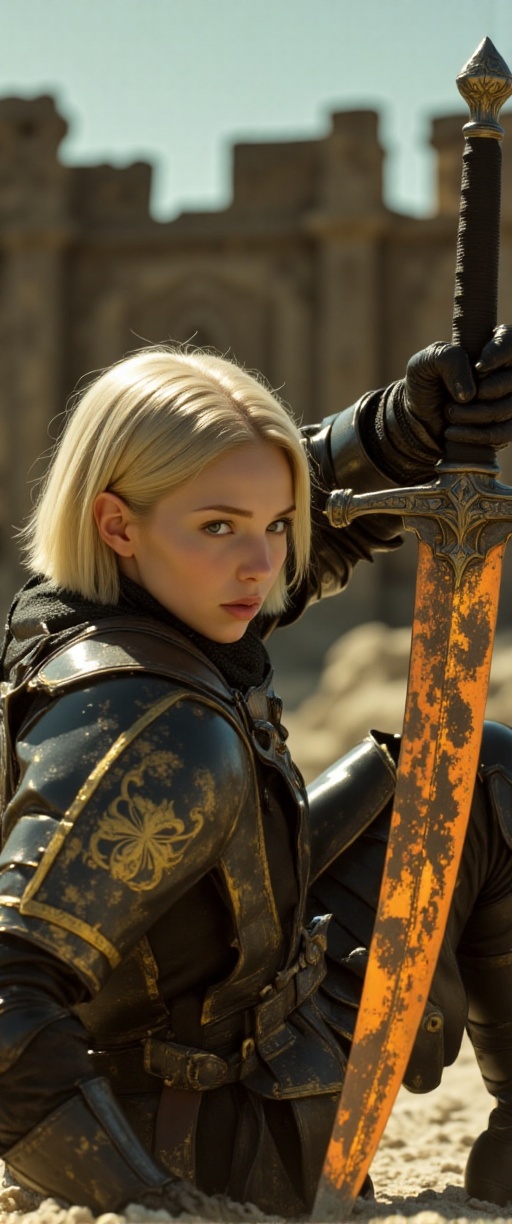 A female knight of a holy order fights for her life as she is knocked the ground,  raising her worn iron long sword above...