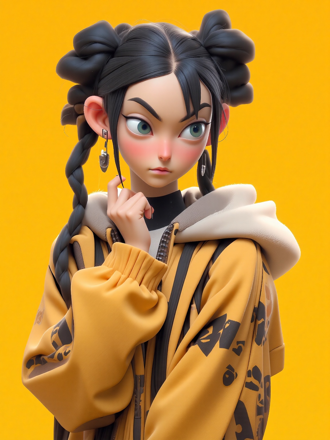 an Asian girl with long black braided hair. Her hair is pulled back in a ponytail,  and she's wearing a black belt with wh...