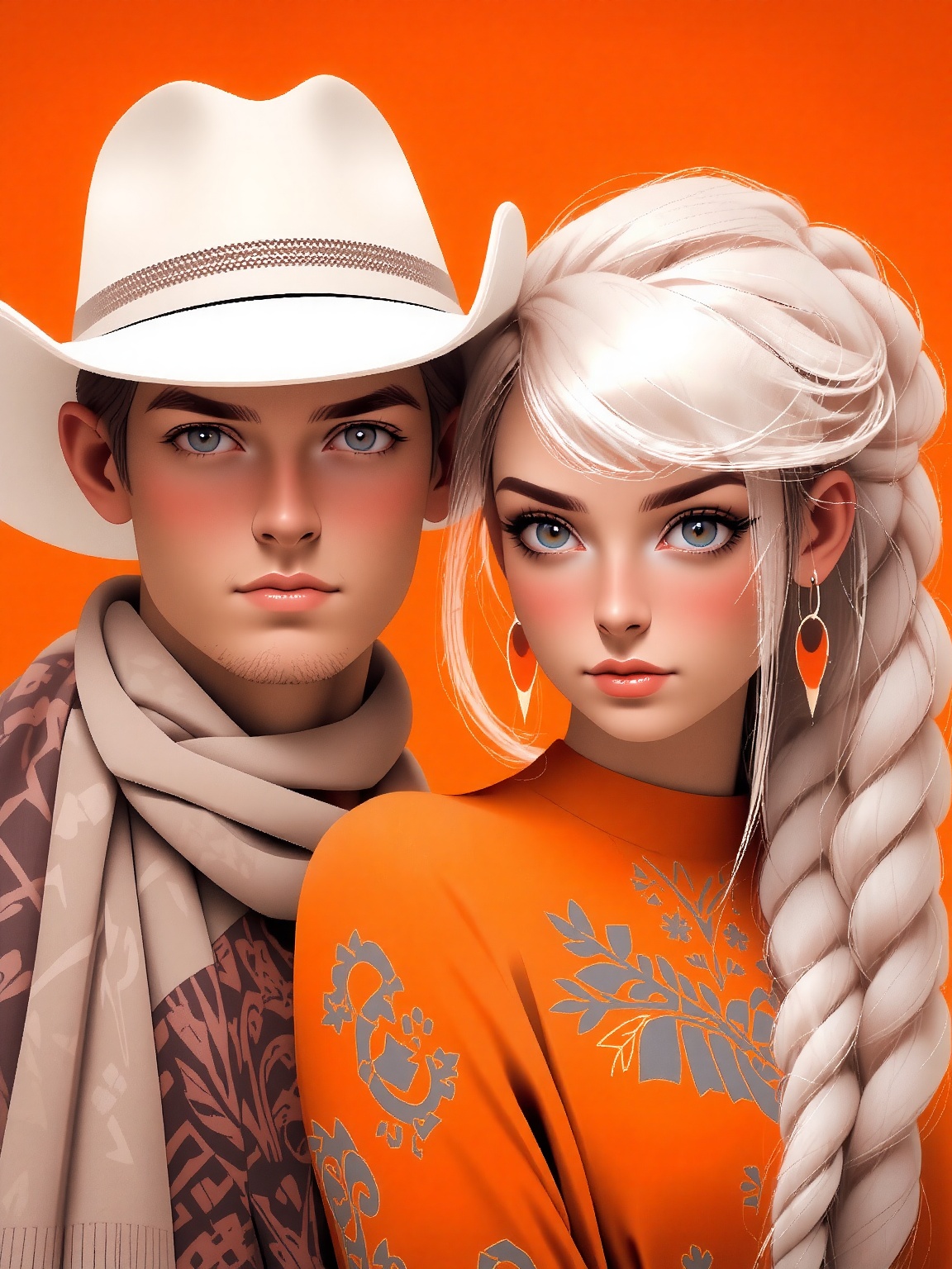 a man and a woman are standing side by side. The man is wearing a white cowboy hat with a silver band around the brim. The...