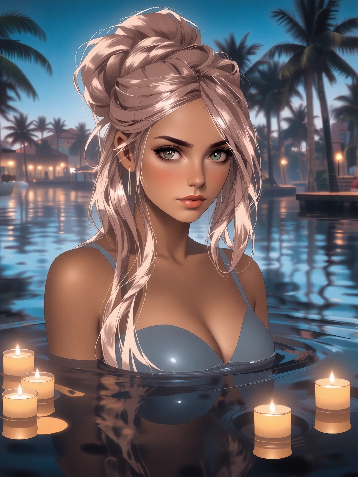 a woman with long blonde hair. The woman's hair is pulled back in a ponytail that is flowing in the wind. Her eyes are blu...