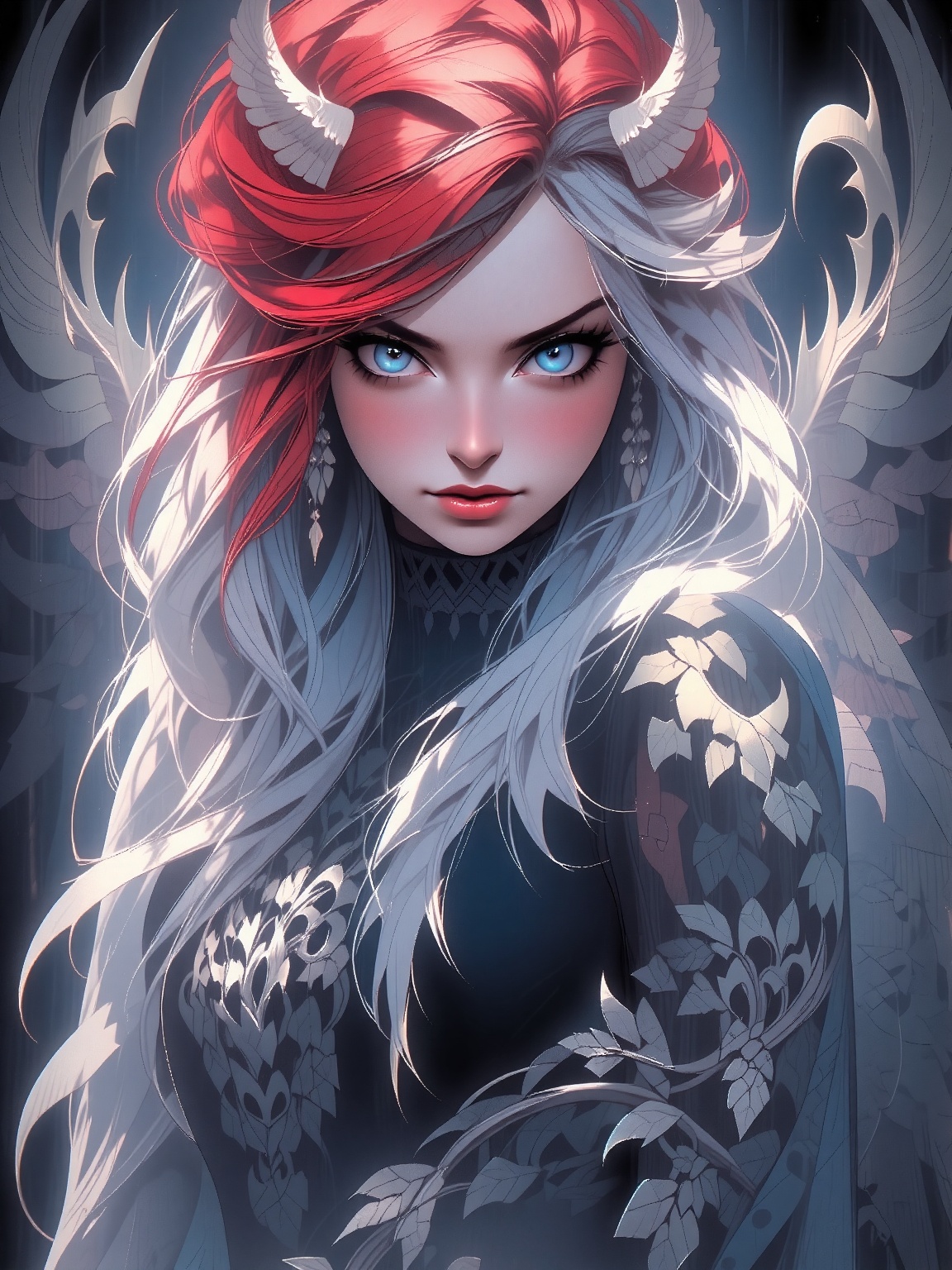 a woman with long blonde hair. The woman's hair is a vibrant shade of red,  with hints of blue throughout. Her eyes are a...