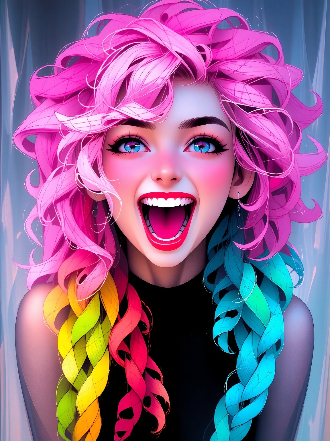 A close-up portrait of a girl with long,  curly blonde hair. The hair is a vibrant shade of pink and is cascading down to...