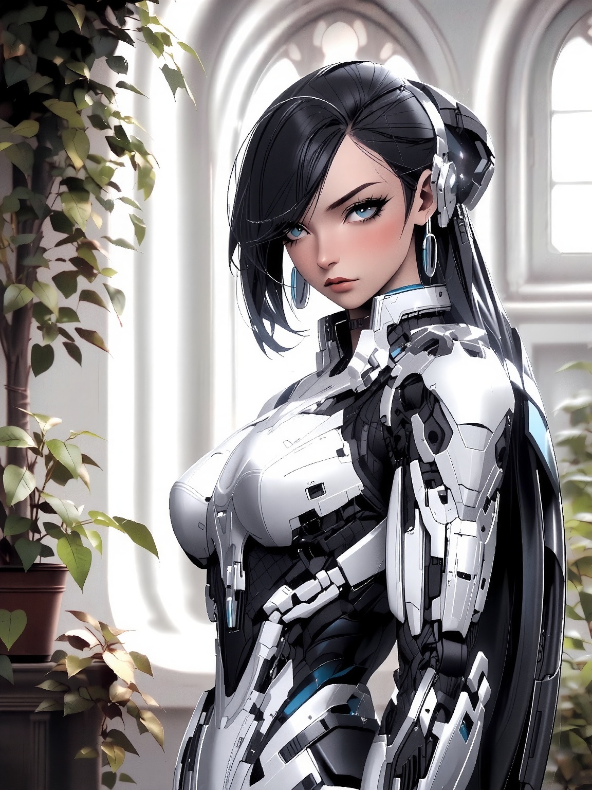 a female warrior is depicted in a stark contrast of white,  blue and black. Her long black hair cascades over her shoulder...