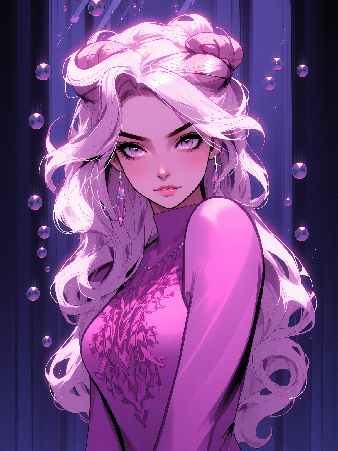 a girl in a pink dress. The girl has long,  wavy blonde hair that is cascading down her back. Her eyes are blue with a pin...
